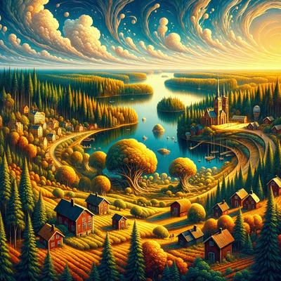 The primary subject of the image is a painting of a small town situated near a large body of water. The town is surrounded by a lush green forest, and the sky is filled with clouds. The setting is a picturesque landscape with a serene atmosphere. The visual style of the painting is a combination of digital art and illustration, creating a vibrant and detailed scene. The colors and mood of the painting are warm and inviting, with the greenery and water creating a sense of tranquility and natural beauty.